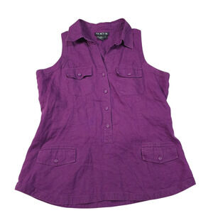 Tracy M. 100% Linen Purple Tank Top Attached Belt Women Size L Pockets Safari